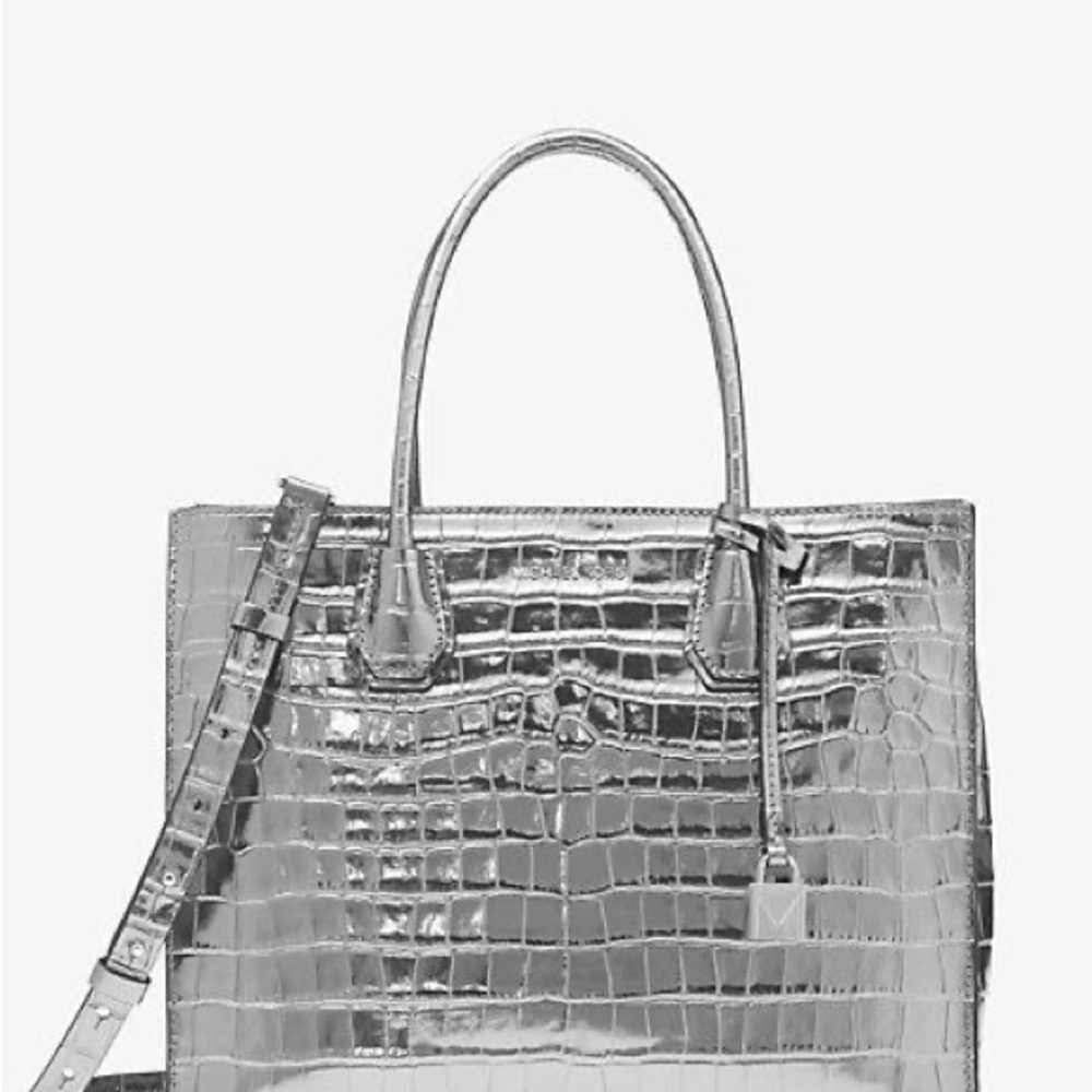 Michael Kors Silver Croc Embossed Mercer Large Convertible Tote